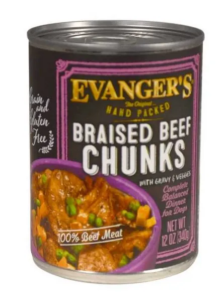 12/12 oz. Evanger's Super Premium Braised Beef Chunks With Gravy For Dogs - Food